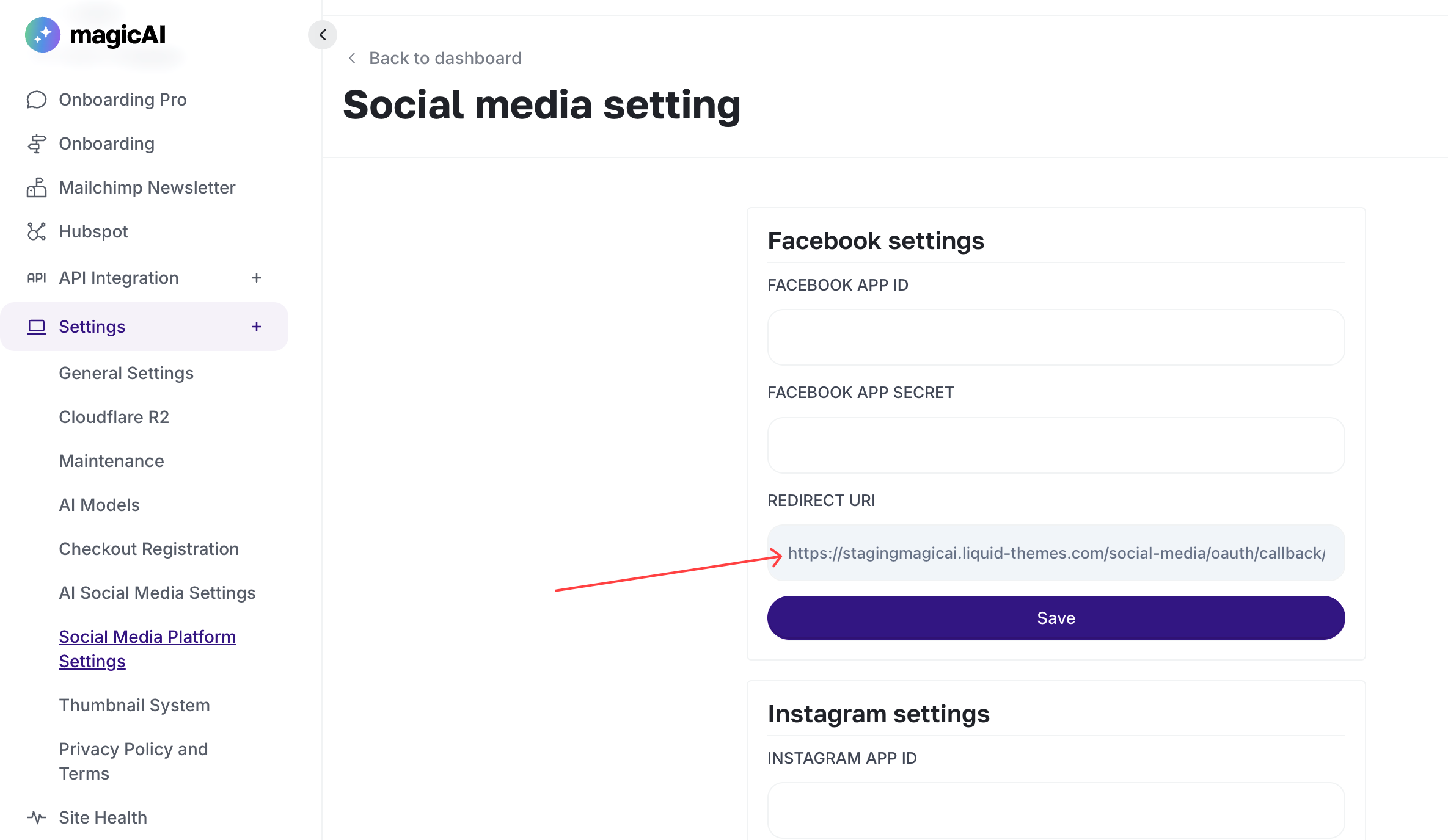 Social media platform settings dashboard