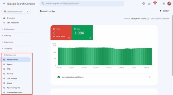 Google Search Console structured data report